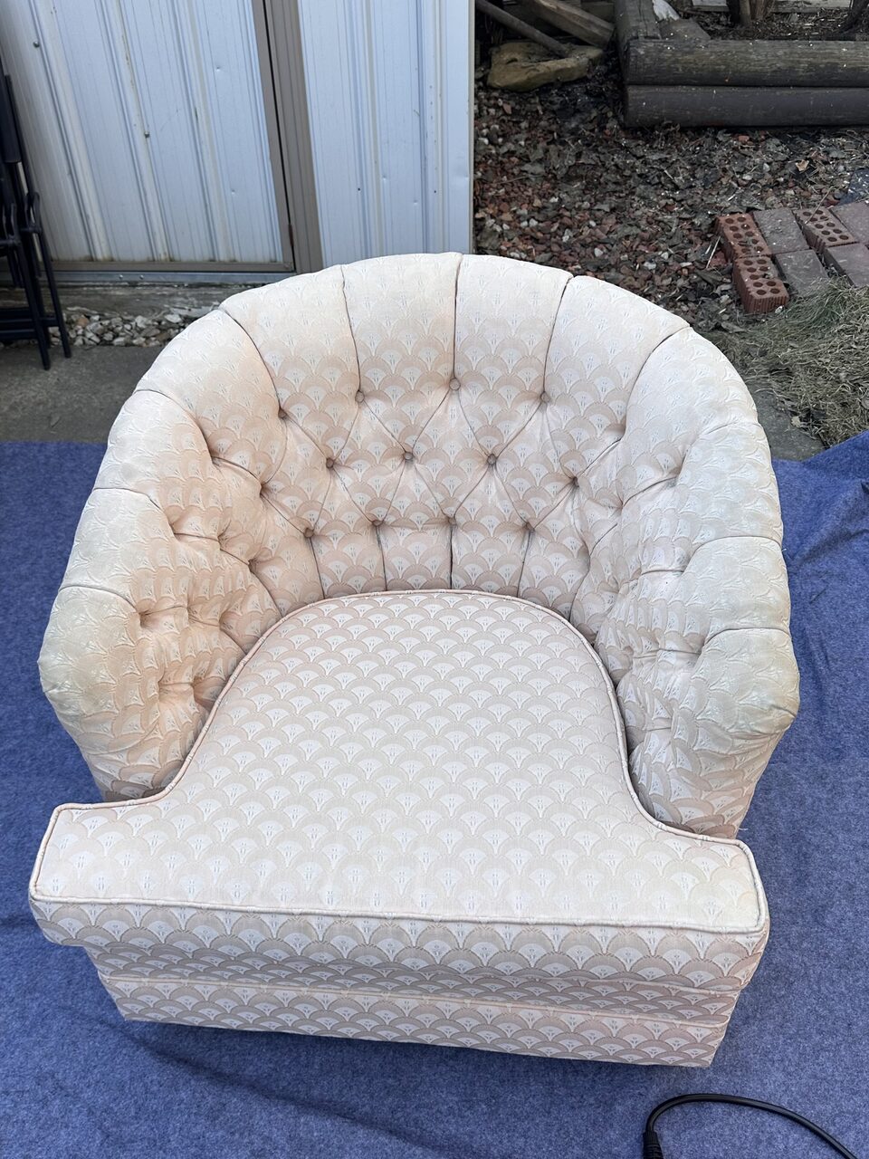 Restored cream tufted velvet armchair